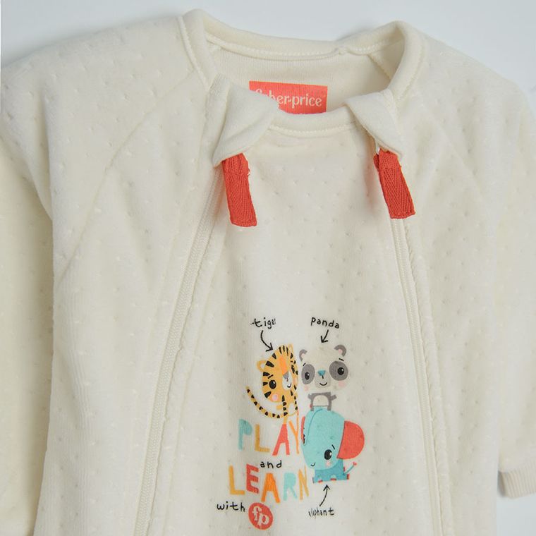 Cool Club, Set pentru bebelusi, Pijama tip salopeta, Caciula, ecru, imprimeu Fisher-Price