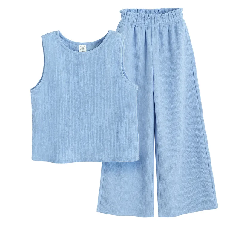 Cool Club, Set pentru fete, Bluza fara maneci, Pantaloni din textil, wide, albastru