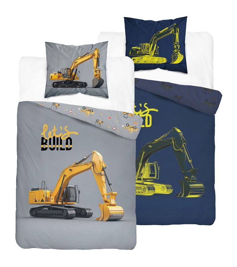 Fluo, set de lenjerie de pat pentru tineri, 140-200 cm + 70-80 cm, Excavator