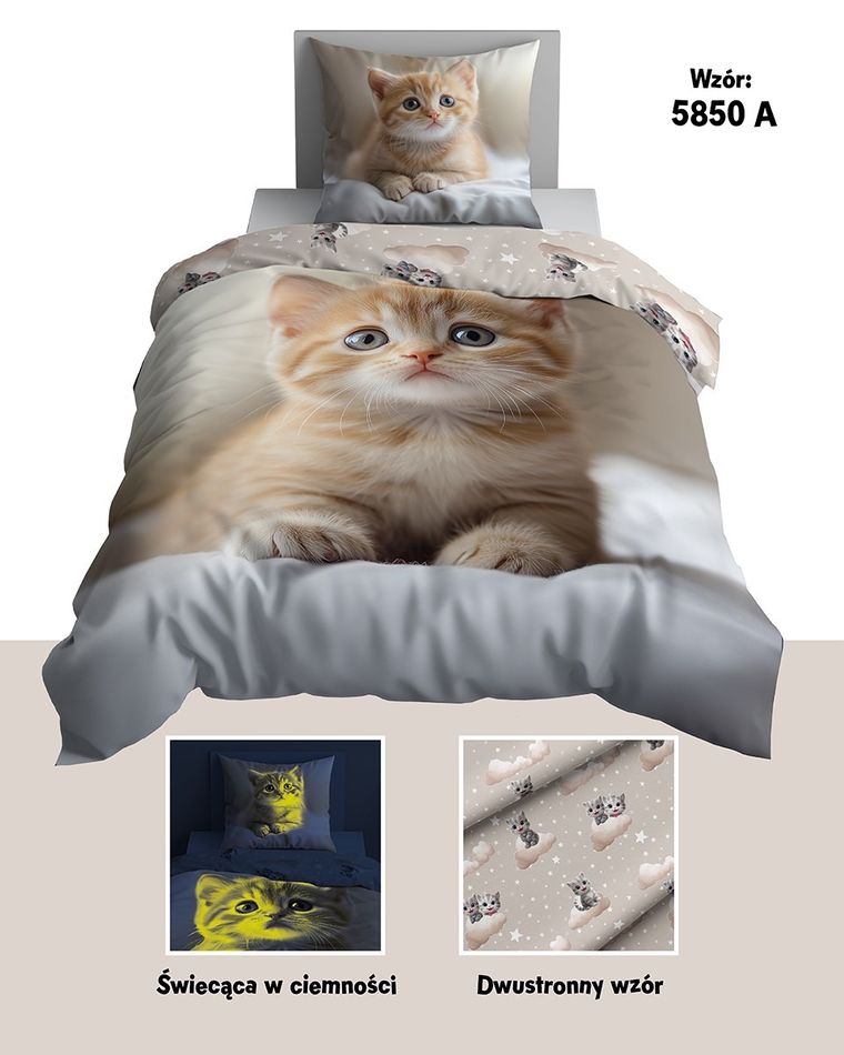 Fluo, set de lenjerie de pat pentru tineri, 160-200 cm + 70-80 cm, Cats