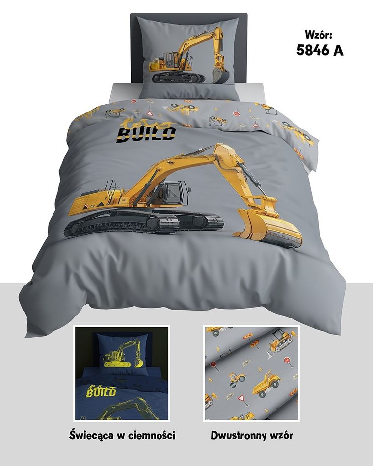 Fluo, set de lenjerie de pat pentru tineri, 160-200 cm + 70-80 cm, Excavator