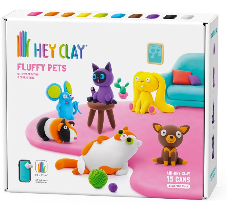 Hey Clay, Fluffy Pets, set creativ, 15 cutii de plastilina