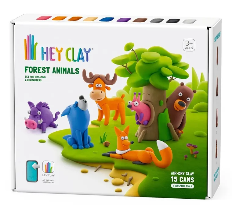 Hey Clay, Forest Animals, set creativ, 15 cutii de plastilina