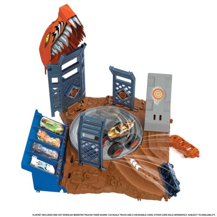 Hot Wheels, Monster Trucks Arena Smashers, Tiger Shark - Spin-out Challenge, set de joaca