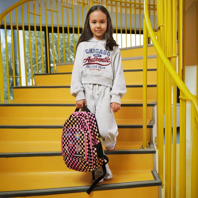 Kayokki, rucsac pentru scoala cu 1 compartiment, carouri roz-portocaliu