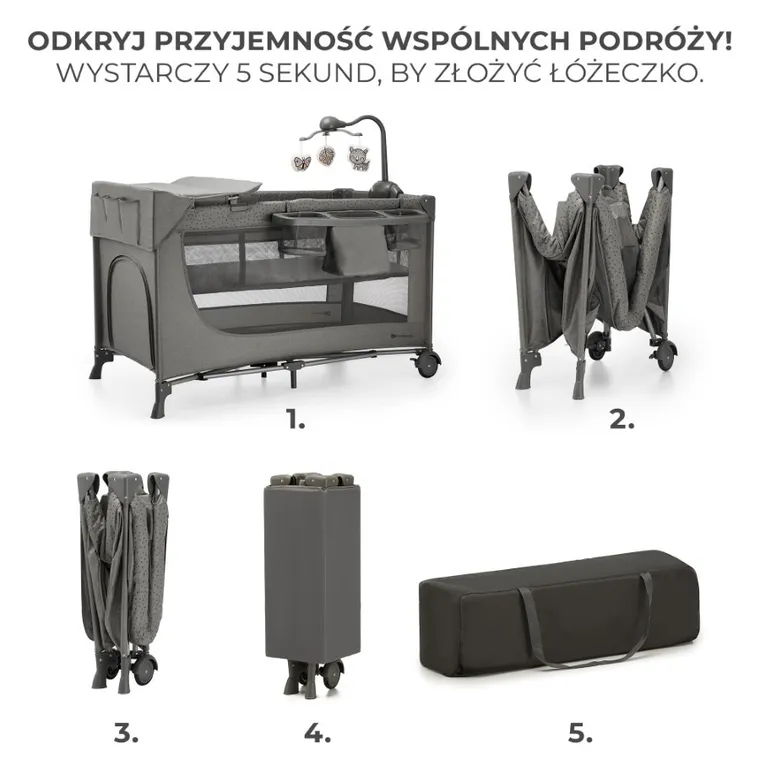 Kinderkraft, Joy 2, patut de calatori cu accesorii, 3in1, Dark Grey