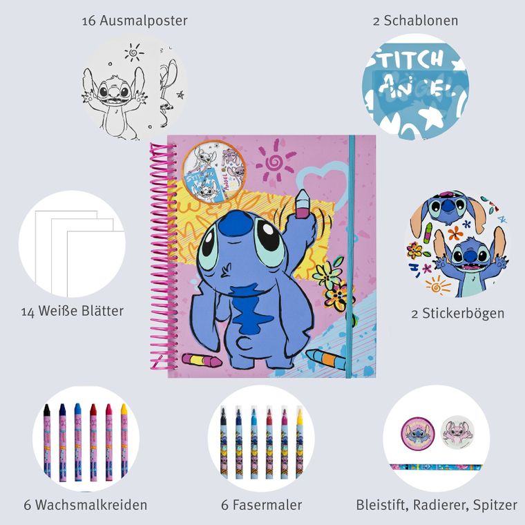 Lilo si Stitch, set de arta cu sabloane, autocolante si creioane colorate, 49 elemente