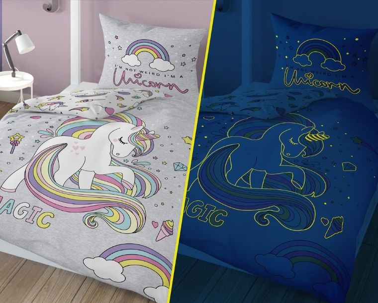 Magic Unicorn, set lenjerie de pat single, fluo, 160-200 cm