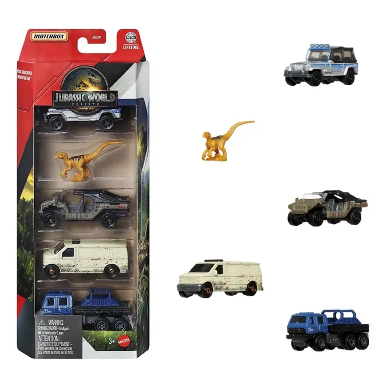 Matchbox, Jurassic World, Masini si dinozaur, 5-pack, 1 buc.