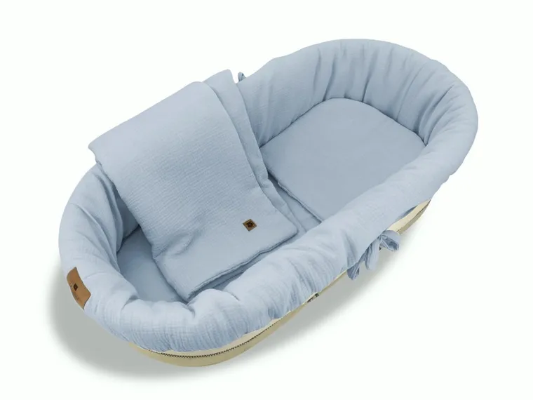 MimiNu, set: protectie universal pentru gondola, patut, cos de Moses + saltea + perna, muselina, denim
