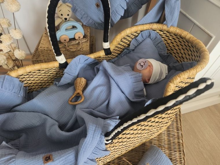 MimiNu, set: patura 75-100 cm + perna 30-40 cm, muselina, denim