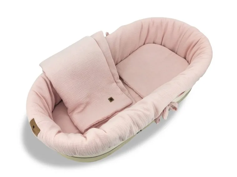 MimiNu, set: protectie universal pentru gondola, patut, cos de Moses + saltea + perna, muselina, roz