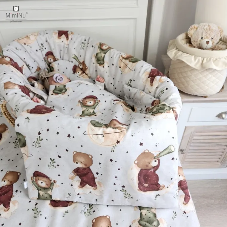 MimiNu, Ursulet pe luna, set: protectie universal pentru gondola, patut, cos de Moses + saltea + perna,