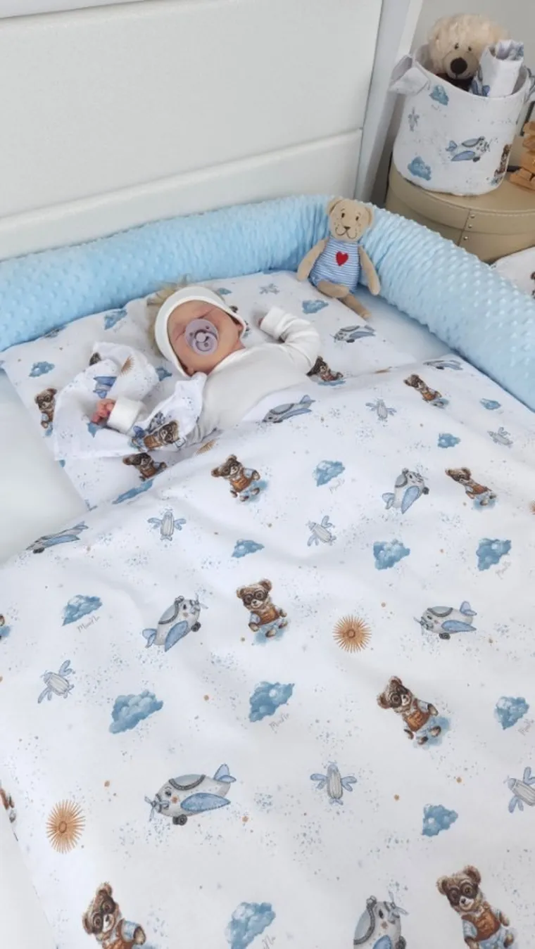 MimiNu, Ursuleti, set lenjerie de pat single cu umplutura, albastru, 120-90 cm