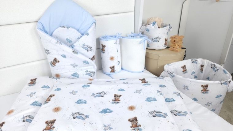 MimiNu, Ursuleti, set lenjerie de pat single cu umplutura, albastru, 135-100 cm