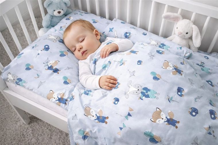 MimiNu, Vulpea si Iepurele, set lenjerie de pat single, din bumbac, albastru, 100-135 cm