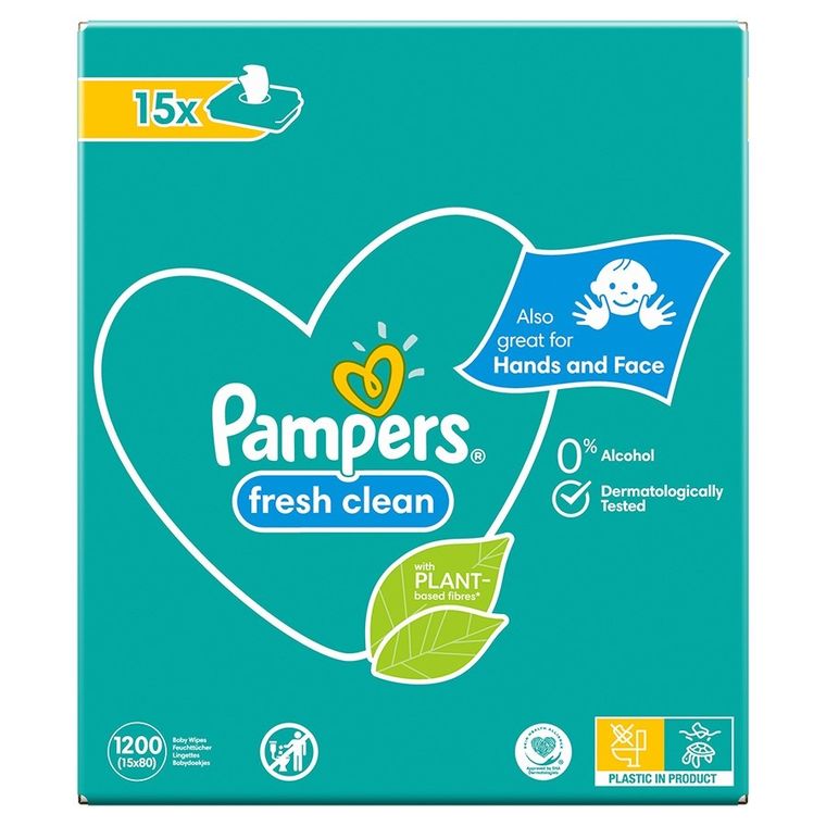 Pampers Fresh Clean, servetele umede, 15 pachete de 80 servetele, 1200 buc.