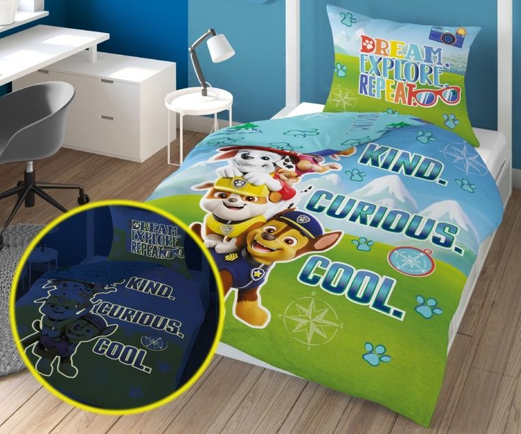 Paw Patrol, Fluo, set lenjerie de pat single, 160-200 cm