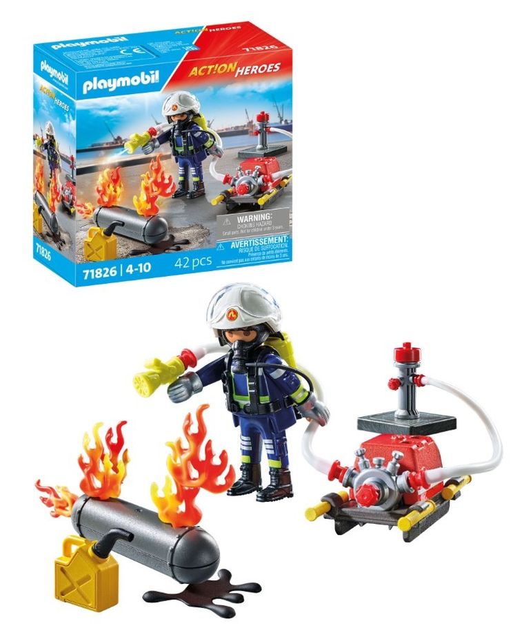 Playmobil, Action Heroes, Pompier cu furtun de apa, 71826