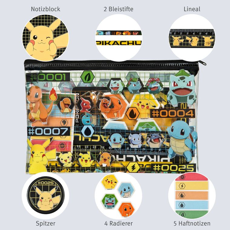 Pokemon, mini trusa scolara in punga cu blocnotes, rigla, creioane, guma de sters, 10 articole
