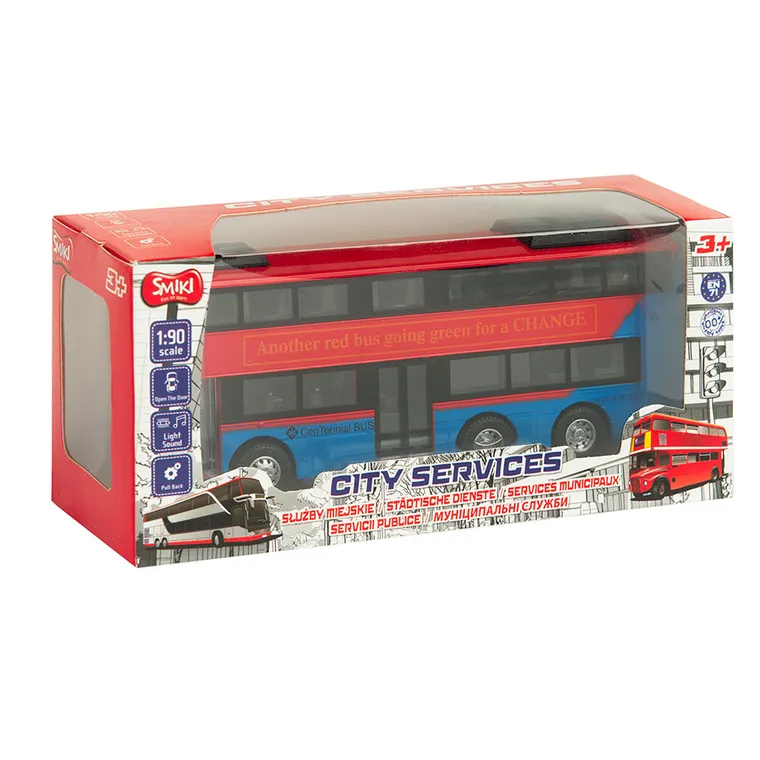 Smiki, Autobuz cu etaj, vehicul pull-back cu lumini si sunete, 1:90