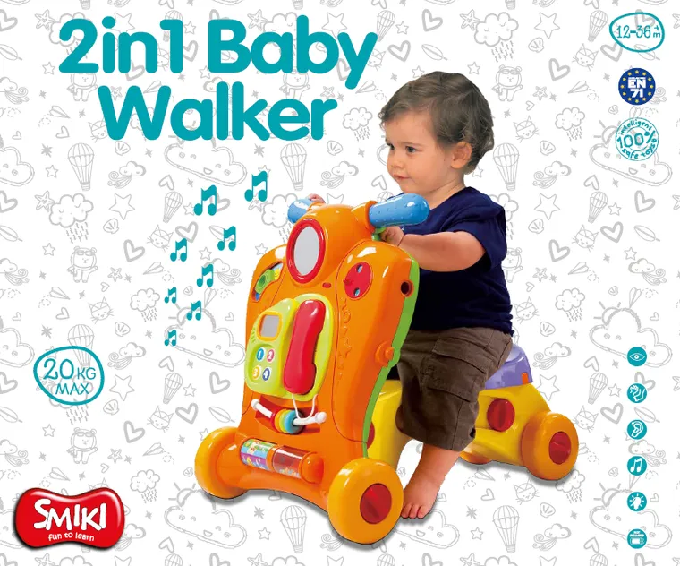 Smiki, Baby Walker, antemergator, jucarie interactiva de impins, 2in1