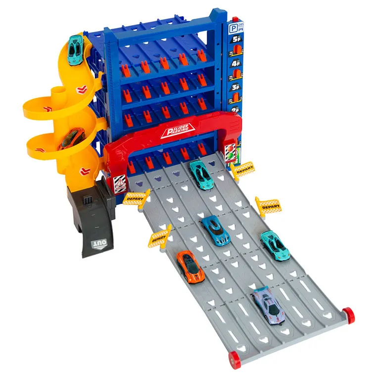 Smiki, parcare supraetajata cu tobogan si vehicule