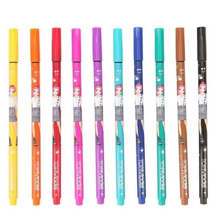 Top Model, set de creioane cu varf fin si sabloane, 10 culori