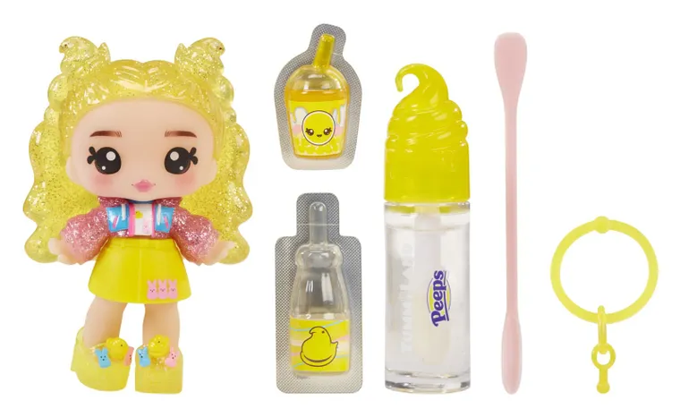 Yummiland, PEEPS, Lip Gloss Doll, Goldie Mallows, mini papusa + luciu de buze DIY