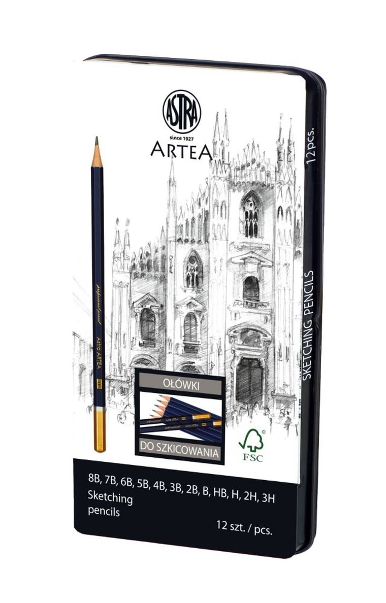 Artea, set de creioane de schita in cutie metalica, 12 culori