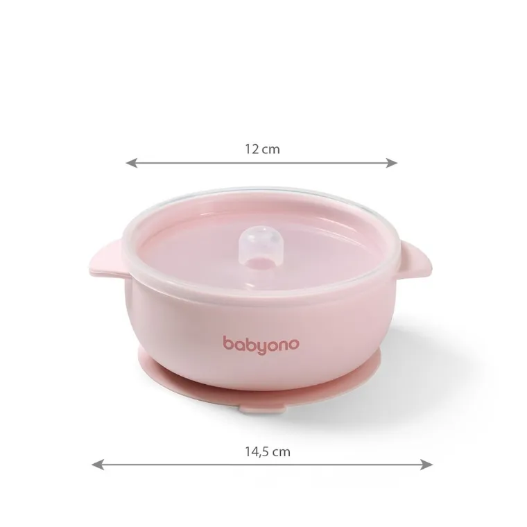 BabyOno, bol din silicon cu ventuza si capac, roz