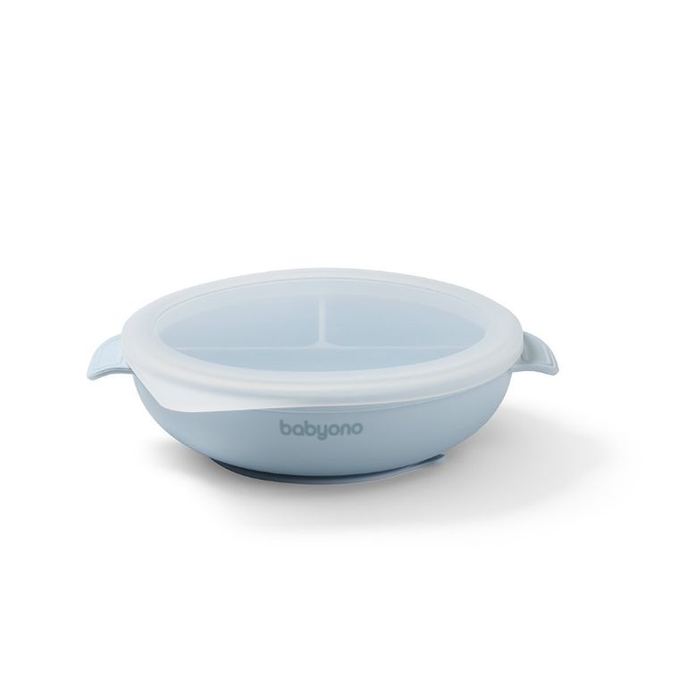 BabyOno, farfurie din silicon cu ventuza si capac, albastru