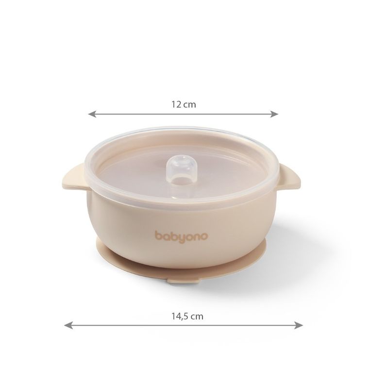 BabyOno, farfurie din silicon cu ventuza si capac, bej