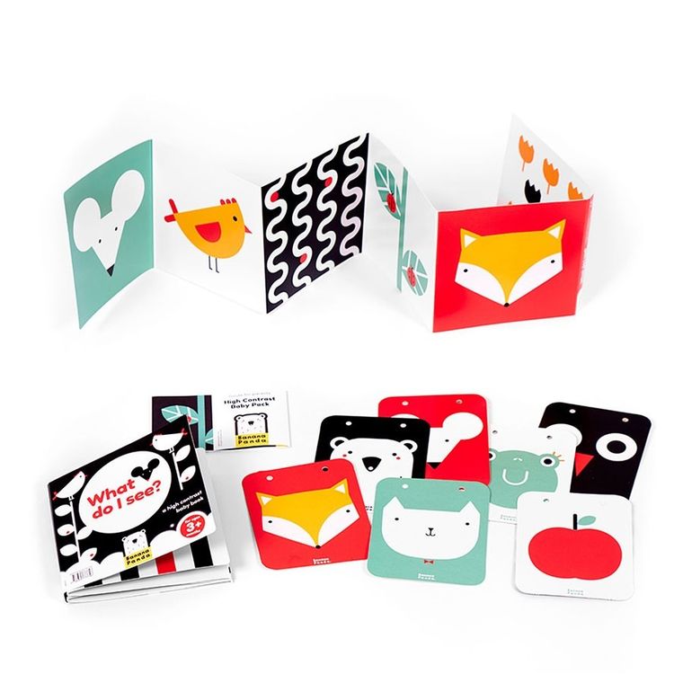 Banana Panda, High Contrast Baby Pack pentru bebelusi de la 0 luni+/3 luni+/6 luni+, set de 2 carti cu contrast, 7 carduri cu imagini cu doua fete si un ghid pentru parinti
