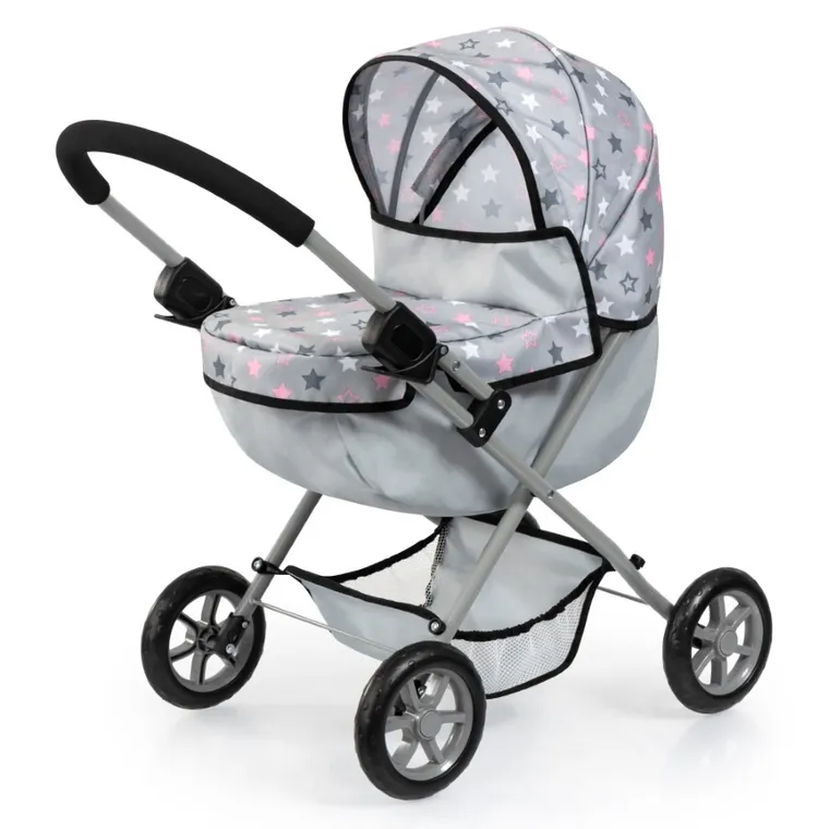 Bayer Design, Cosy, carucior multifunctional pentru papusi, set cu geanta si scaunel, gri cu stelute