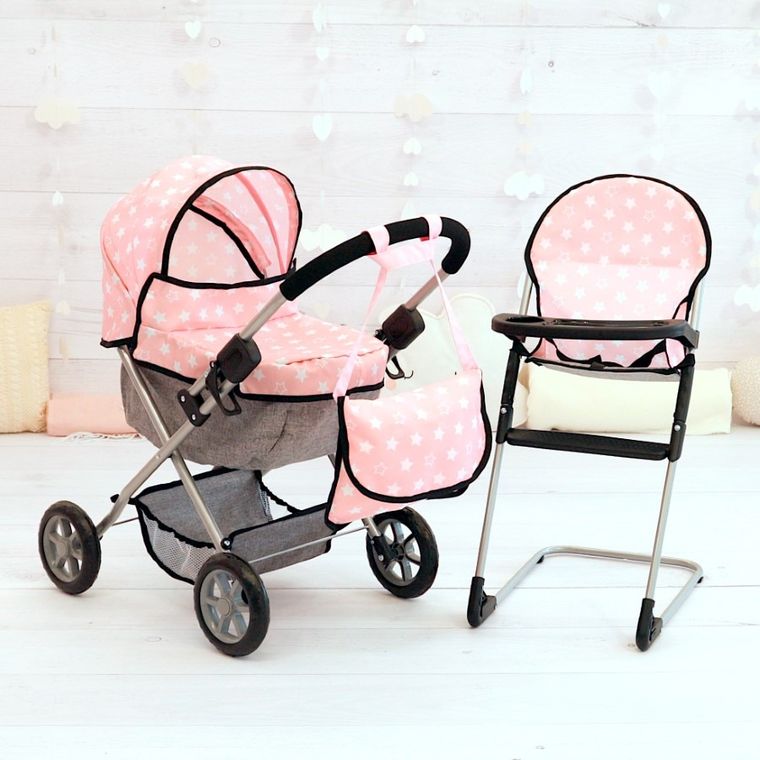 Bayer Design, Cosy, carucior multifunctional pentru papusi, set cu geanta si scaunel, roz-gri cu stelute