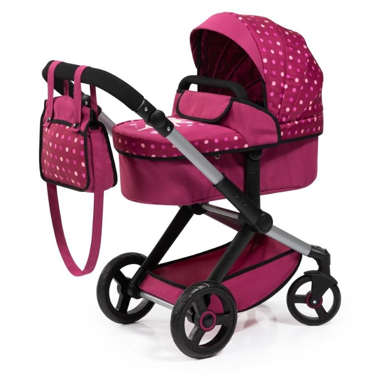 Bayer Design, Xeo Combi, carucior multifunctional pentru papusi, set cu patut pliabil, geanta si accesorii, burgundia