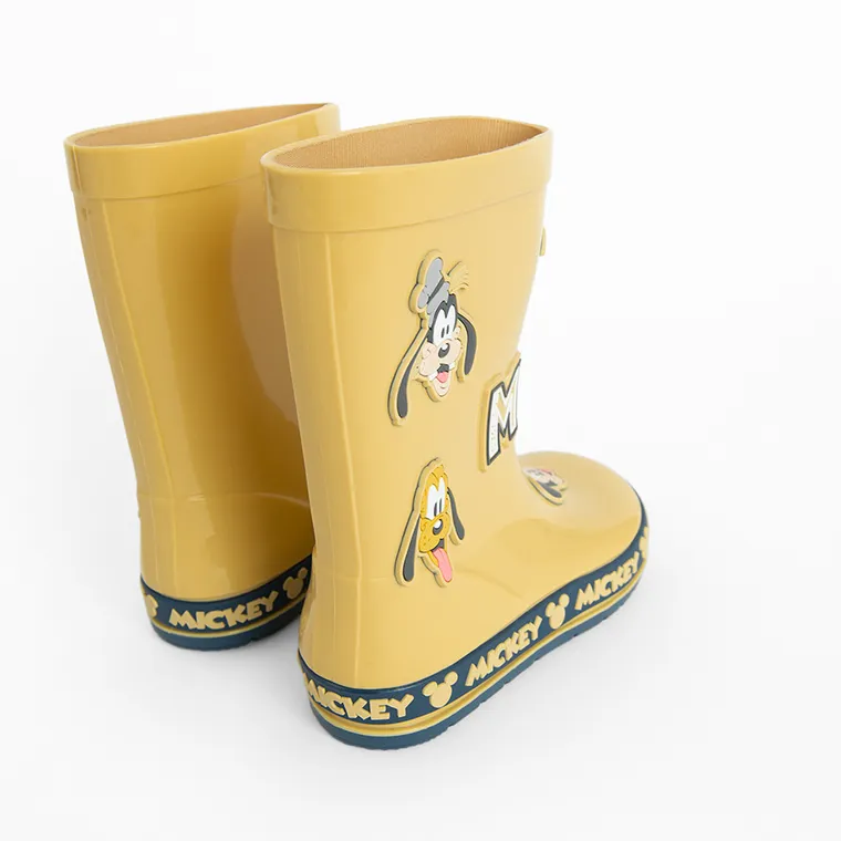 Cool Club, Cizme de cauciuc pentru baieti, galben, talpa Barefoot, imprimeu Mickey Mouse