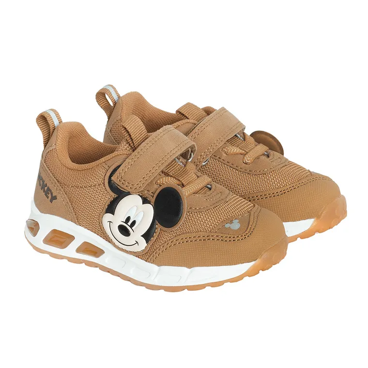 Cool Club, Pantofi sport pentru baieti, maro, talpa cu leduri, imprimeu Mickey Mouse