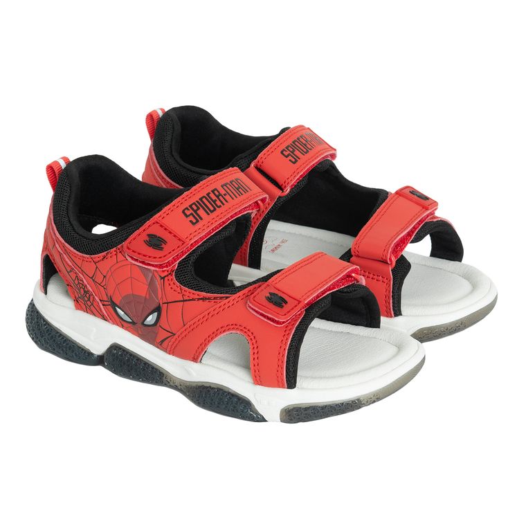 Cool Club, Sandale pentru baieti, rosu, talpa cu leduri, brant din piele, imprimeu Spider-Man
