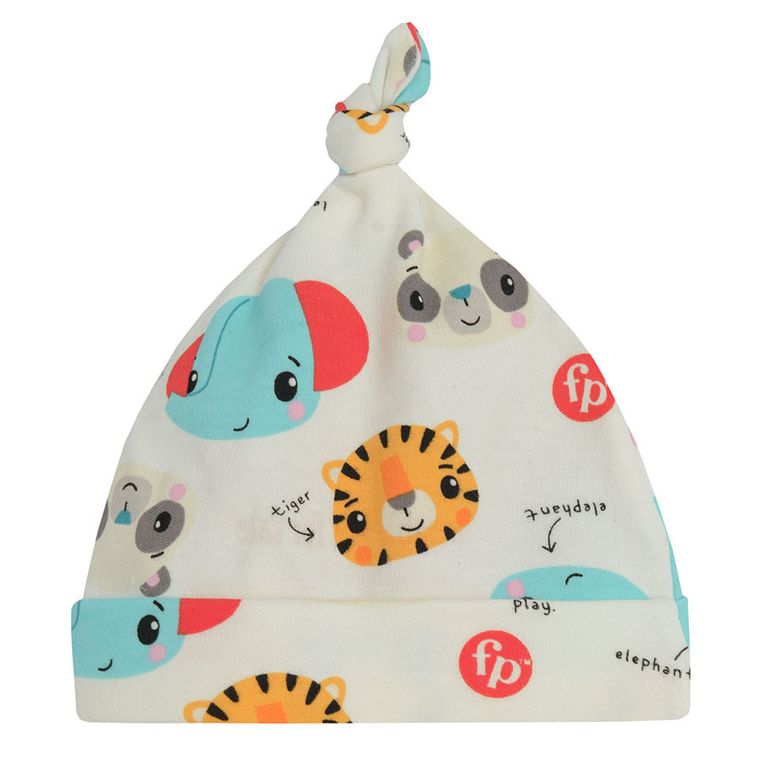 Cool Club, Set pentru bebelusi, Pijama tip salopeta, Caciula, ecru, imprimeu Fisher-Price