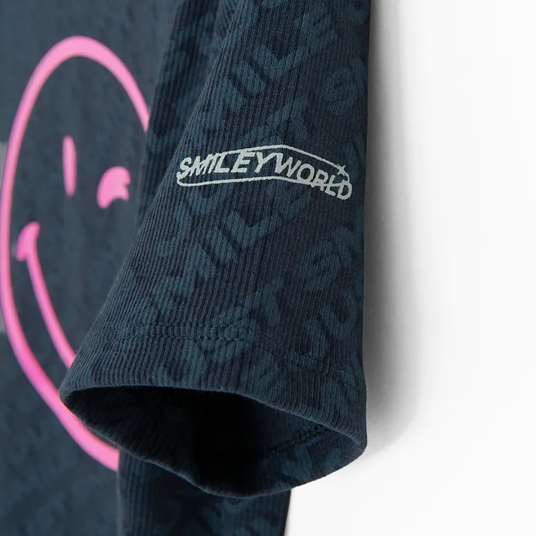 Cool Club, Set pentru fete, Tricou, Colanti scurti, din tricot striat, negru, imprimeu SmileWorld