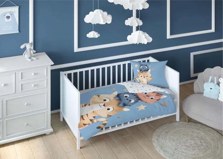 Detexpol, Pisoi, set lenjerie de pat single, din bumbac, niebieski, 100-135 cm