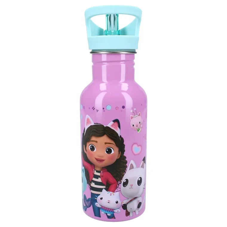 Gabby's Dollhouse, Take a sip, sticla da apa cu pai, roz, 500 ml