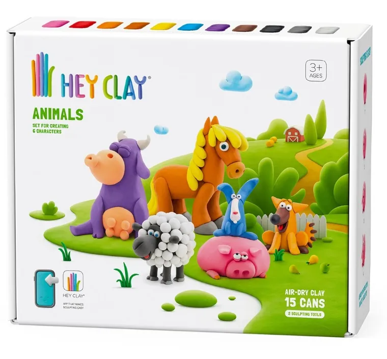 Hey Clay, Animals, set creativ, 15 cutii de plastilina