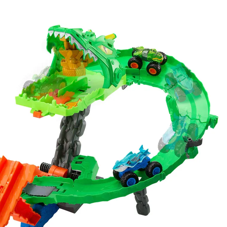 Hot Wheels, Monster Trucks, Dragon Demolition, set de joaca cu 2 masini