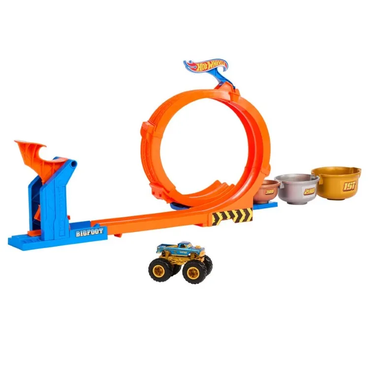 Hot Wheels, Monster Trucks, Loop-And-Flip Trophy Challenge, set de joaca cu masina Bigfoot