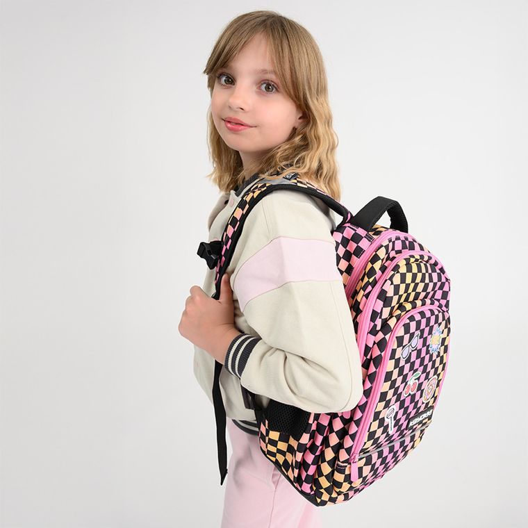 Kayokki, rucsac pentru scoala cu 1 compartiment, carouri roz-portocaliu
