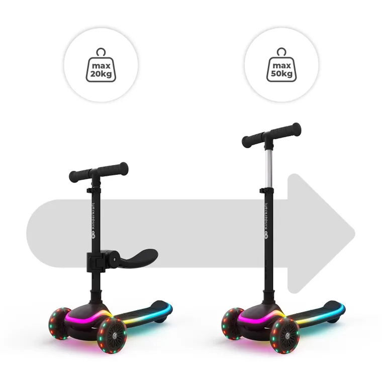 Kinderkraft, RAKET UP, trotineta LED cu 3 roti cu sezut, 2in1, Black