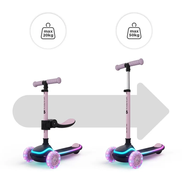 Kinderkraft, RAKET UP, trotineta LED cu 3 roti cu sezut, 2in1, Pink